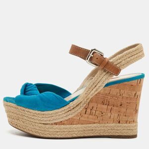 Prada Sport Size 37 Blue/brown Suede And Leather Cork Espadrille Platform Wedge